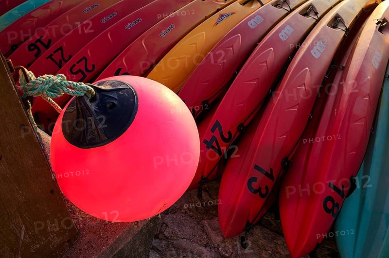 Kayaks, boats, colourful, lying on the beach, buoy, Étretat, Normandy, Seine-Maritime, France