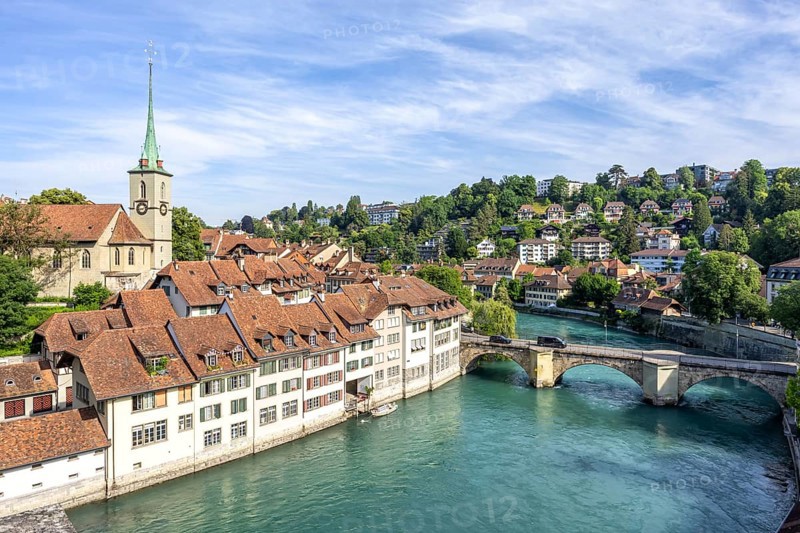 Bern City on the River Aare Old Town with Nydegg Church in Bern, Switzerland