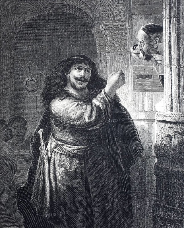 Samson's threat, Samson or Samson is a figure from the Book of Judges of the Old Testament, steel engraving after a painting by Rembrandt, historical, digitally restored reproduction of a 19th century original