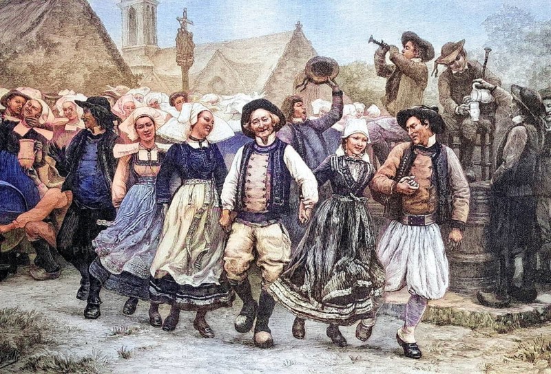 Breton gavotte, dance, Brittany, France. The gavotte is a historical ballroom dance. It is often part of the baroque suite, coloured wood engraving, reproduction from a model from ca. 1888, Historical, A cheerful dance scene outdoors with people in traditional dress dancing to the music. The atmosphere is exuberant and festive