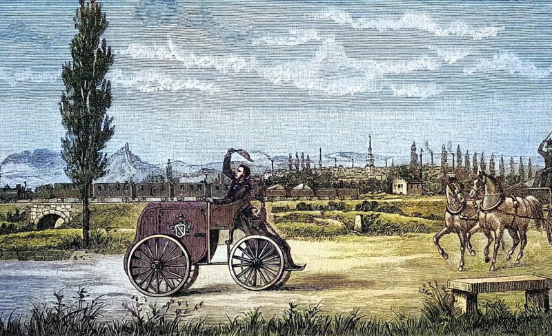 Kröner's driving machine from 1846, coloured wood engraving, reproduction from a model from ca 1846, Historical, Historical carriage scene on a road with horses and wide landscape