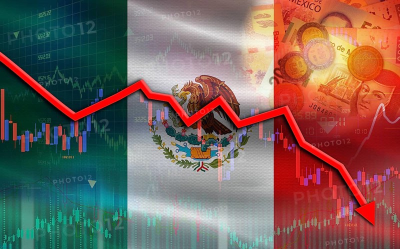 Mexico financial fall on economy market. Mexico financial crisis on economic graph