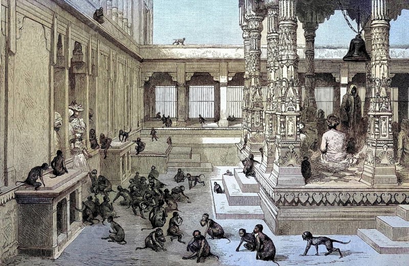Inside the Affa Temple in Benares, one of the oldest cities in India, Illustration, published 1890, Reproduction, digitally enhanced, Historical