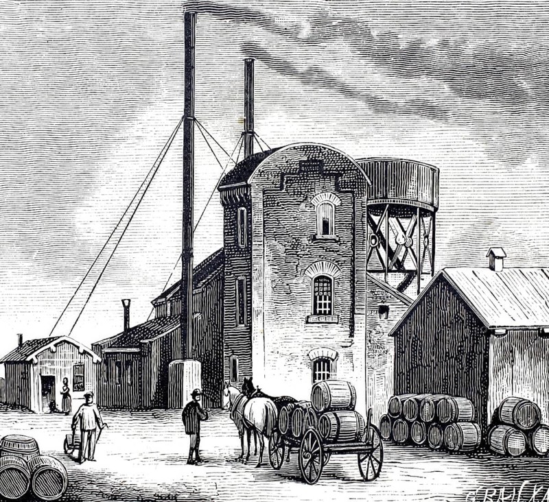 Petroleum wells in Oelheim, Ölheim, oil production, petroleum refinery, around 1882, district of Peine, Lower Saxony, Germany, Historical, digitally enhanced reproduction of a 19th century original