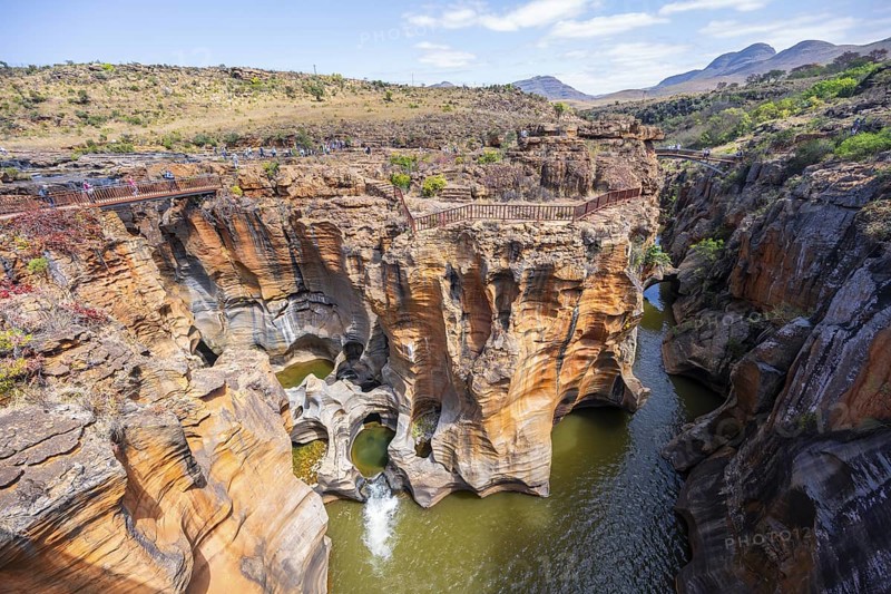 Canyon with steep orange-coloured cliffs with the Blyde River, Bourke's Luck Potholes, Panorama Route, Mpumalanga, South Africa