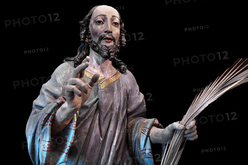 Palmesel, created in 1767, detail of Jesus, on a black background, Städtisches Museum, Krummebergstr. 30, Überlingen, Baden-Württemberg, Germany