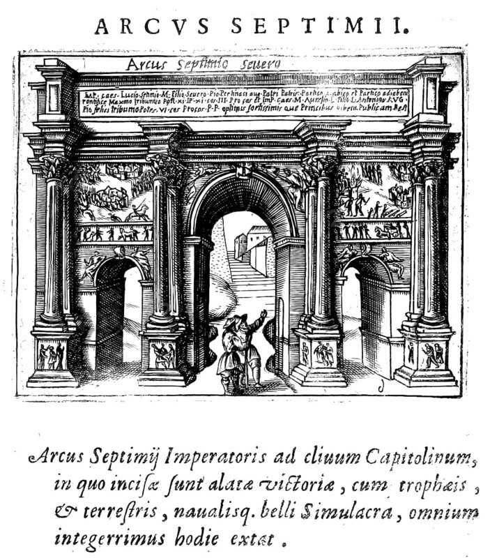 L'arco di settimio severo, Arch of Septimius Severus, a three-arched triumphal arch on the Roman Forum in Rome, Italy, Historical, digitally enhanced reproduction from Grandezze della citta di Roma antiche et moderne by Jacomo Crulli de Marcucci, from 1630, Rome