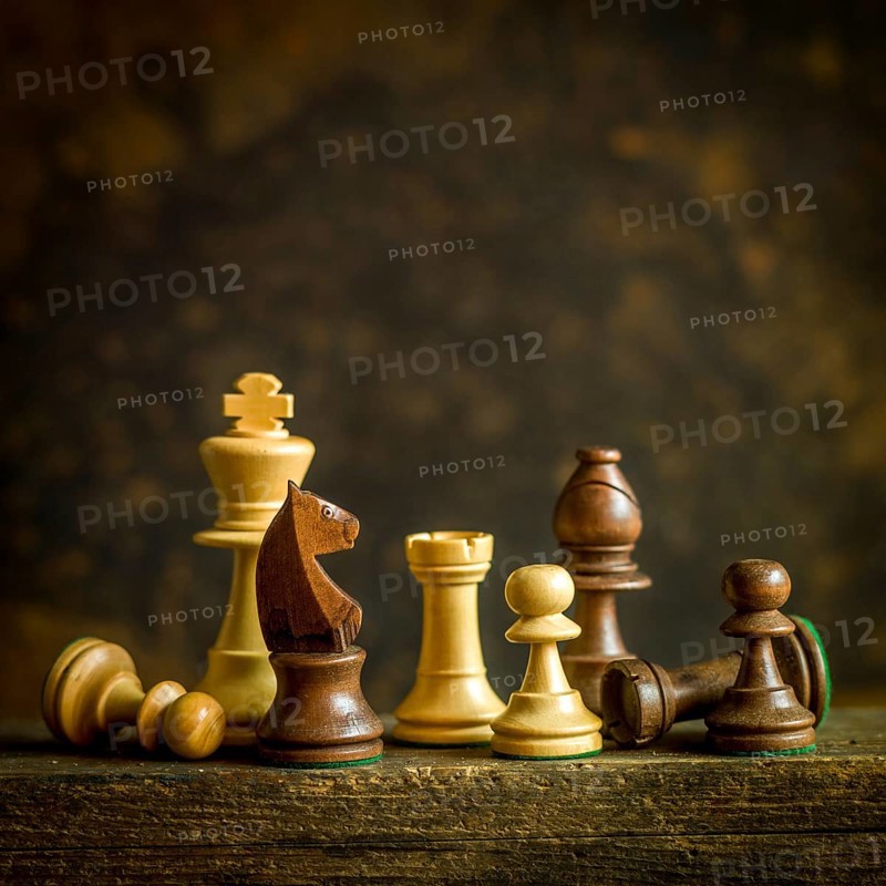 On a weathered wooden surface, a collection of chess pieces is arranged creatively. The knight stands prominently, alongside pawns and rooks, highlighting their intricate design and craftsmanship