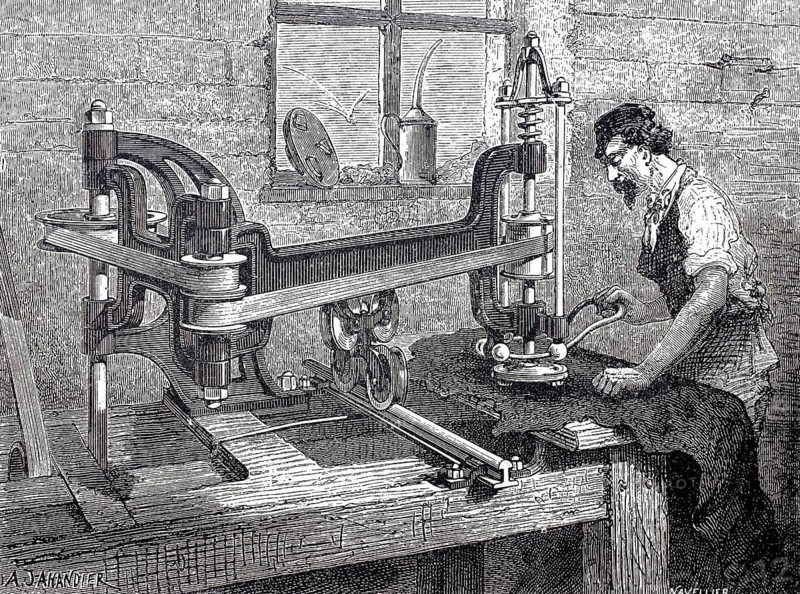Leather processing, worker at a machine for smoothing leather, around 1880, digitally improved reproduction of a 19th century model, historical, exact date unknown