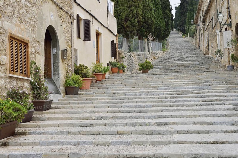 Staircase Carrer del Calvari to the Calvary, Pollenca, Majorca, Balearic Islands, Spain