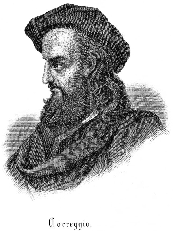 Antonio da Correggio (1489 -1534) Italian Renaissance painter, long hair, full beard, cape, beret headdress, birthplace Corregio, Mannerism, preference for light, dark contrasts, Italy, steel engraving, historical illustration 1877