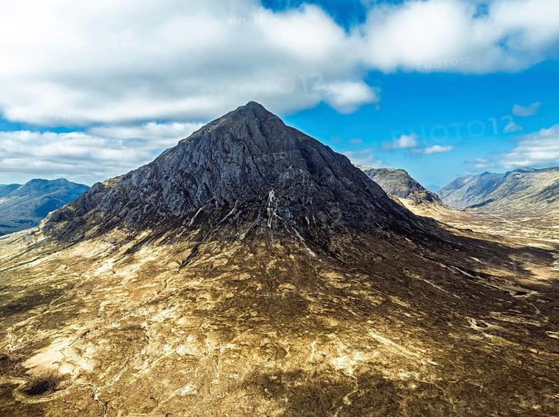 The Buachaille Mountain and Moors over Glen Etive Valley from a drone, Buachaille Etive Mòr, The Buachaille, Highlands, Scotland, United Kingdom