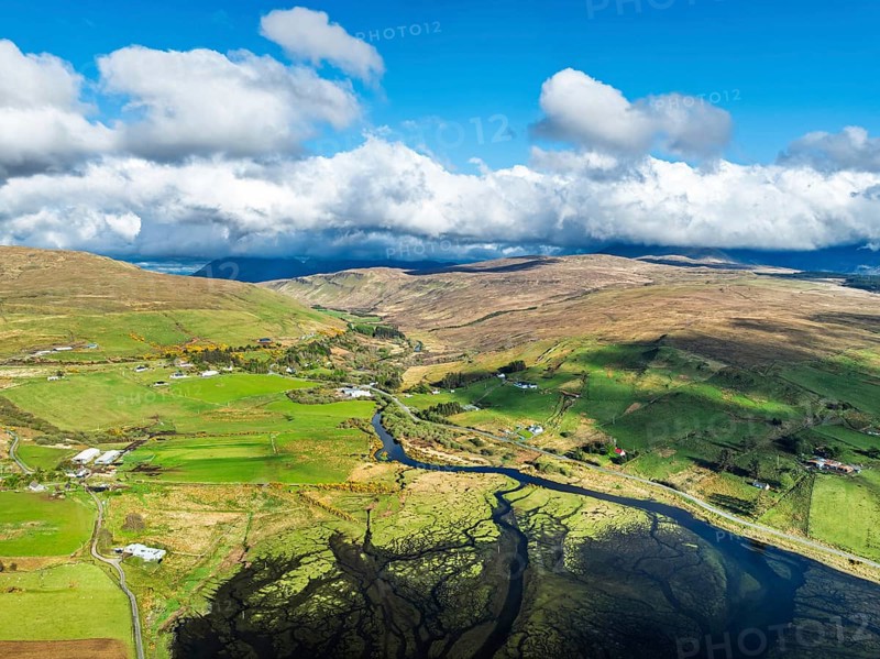 Farms and Moors over Loch Harport from a drone, Drynoch, Isle of Skye, Highlands, Scotland, United Kingdom