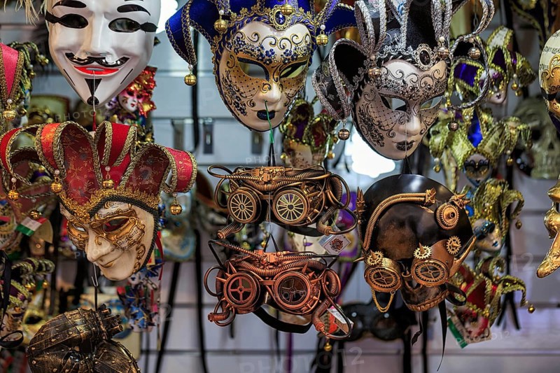 Steampunk glasses, vintage, Venetian masks, accessories in a shop, carnival in Venice, Italy