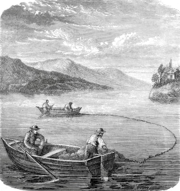 Fisherman on Lake Constance netting bluefish, 1869, Baden-Württemberg, Germany, Historical, digitally enhanced reproduction of a 19th century original