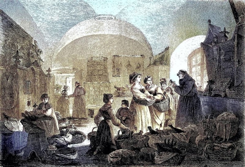 In the sacristy of a Franciscan monastery on Easter morning, coloured woodcut from 1864, people interacting in a busy market or storeroom