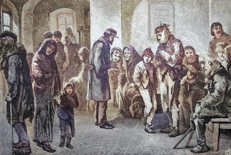 Wiener Wärmestube fuer Obdachlose, Vienna, Austria, coloured wood engraving, reproduction of an original from ca 1888, historical, people in a queue in historical clothing in a gloomy interior