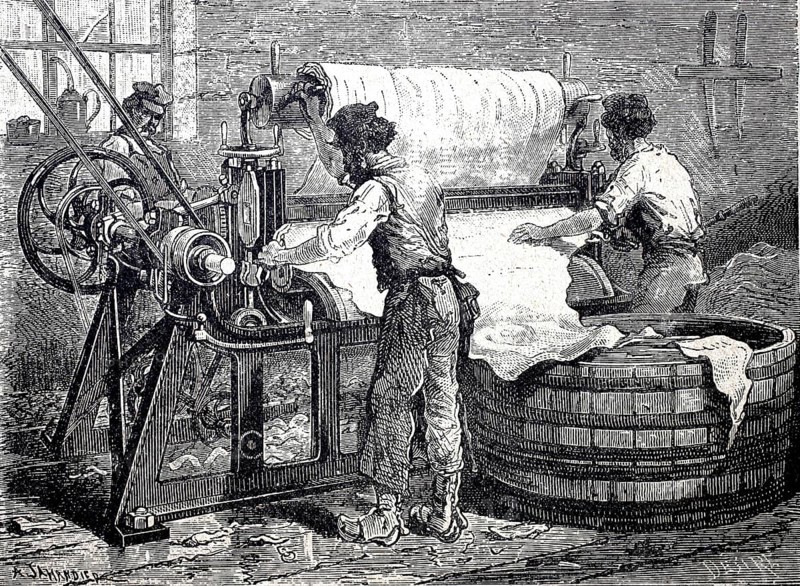 Leather processing, worker at a splitting machine for leather, around 1880, digitally improved reproduction of a 19th century model, historical, exact date unknown