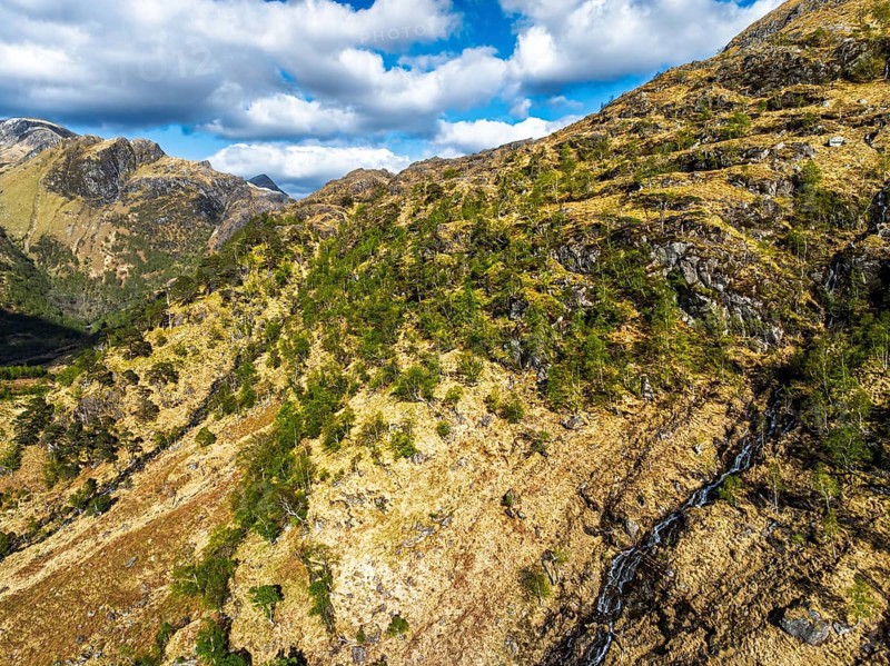 Glen Nevis Valley and River Navis from a drone, Fort William, Lochaber, Highland, Scotland, United Kingdom