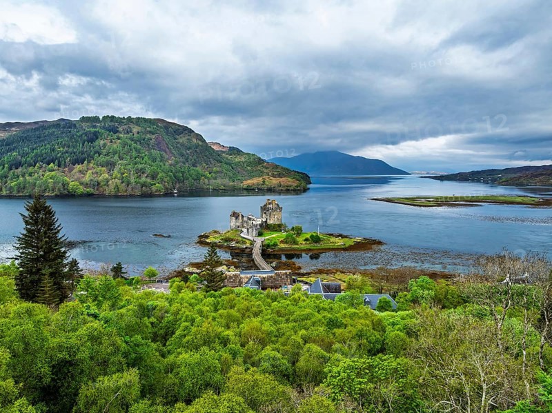 Eilean Donan Castle and Loch Duich from a drone, Isle of Skye, Highlands, Scotland, England, United Kingdom
