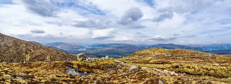 Panorama View from Nevis Range Mountains, Grampian Mountains, Fort William, Highland, Lochaber, Scotland, UK