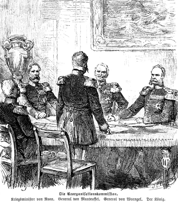 The Reorganisation Commission, Commission for Army Reform, Minister of War and Navy von Roon, General von Manteuffel, General von Wrangel, King Wilhelm I, portrait, Prussia, historical illustration 1896