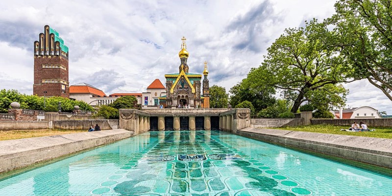 Wedding Tower, Lily Basin and Russian Chapel, Mathildenhöhe Darmstadt, artists' colony, Darmstadt, Hesse, Germany