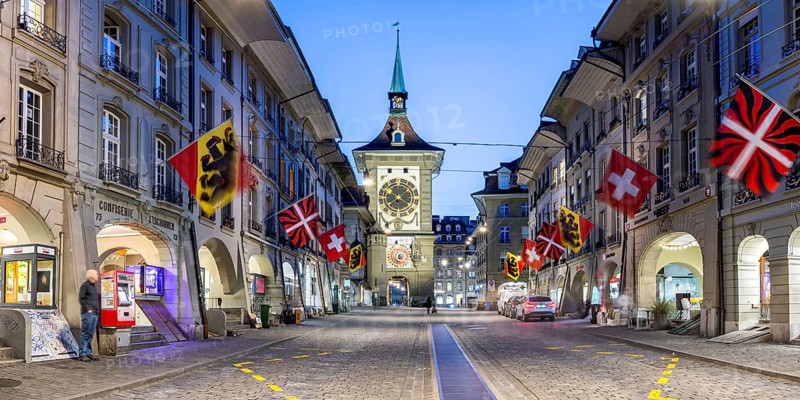Bern Old Town with Zytglogge at night City Panorama in Bern, Switzerland