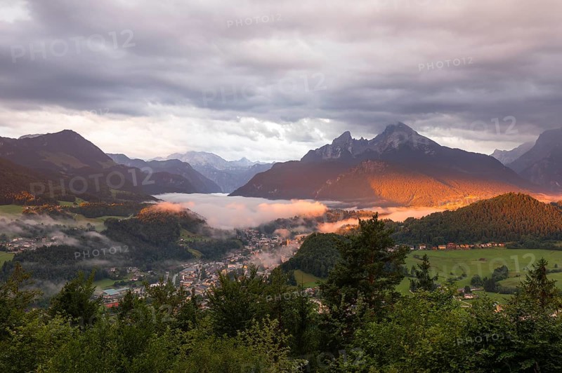 Marxenhöhe near Berchtesgaden with Watzmann view in the morning mist after the rain