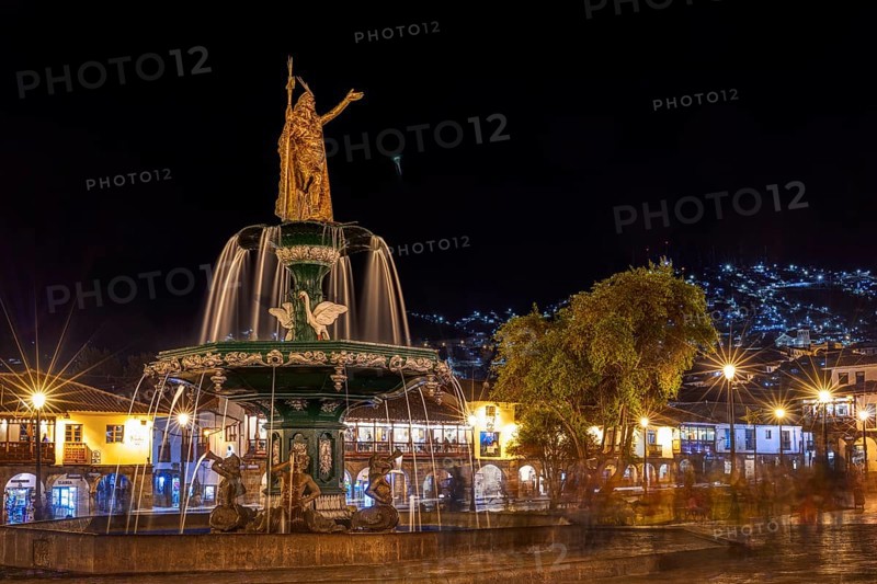 King of the Incas Pachacutec over fountain in Plaza de Armas, Cusco, Peru