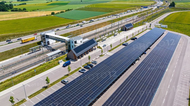 Largest charging park in the world at Merklingen Swabian Alb railway station. 259 covered stations for electric cars are located under two 160 and 190 metre long roofs. The Swabian Alb special-purpose association and the state are investing around five million euros in the charging park. Merklingen, Baden-Württemberg, Germany
