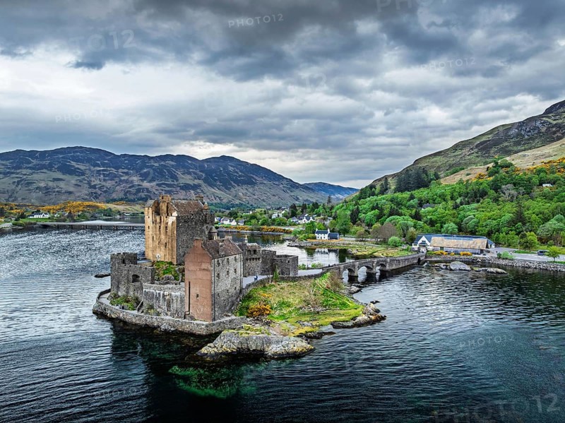 Eilean Donan Castle and Loch Duich from a drone, Isle of Skye, Highlands, Scotland, England, United Kingdom