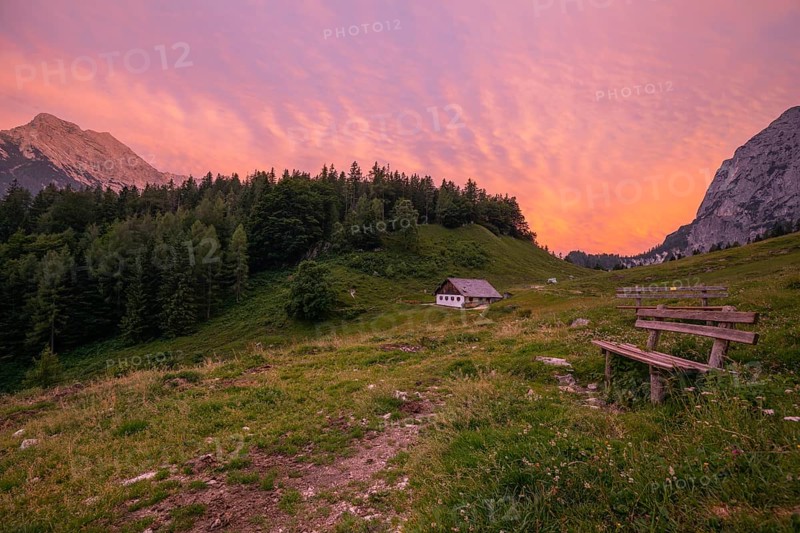 Magical sunset at the Halsalm above the Hintersee near Berchtesgaden