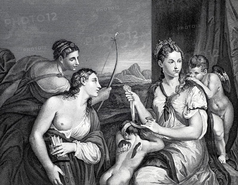 The Equipping of Cupid by Venus and the Graces, Venus blindfolds Cupid, steel engraving after a painting by Titian, Historical, digitally restored reproduction of a 19th century original