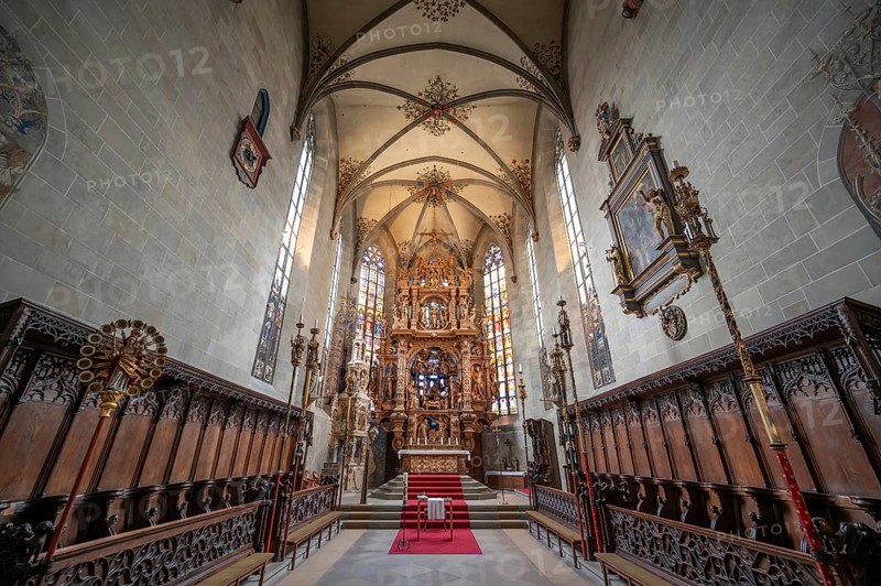 Choir stalls and high altar, built between 1613 and 1616, Überlingen Minster, St Nicholas, built in 1350 and 1576 in the late Gothic style, Überlingen, Baden-Württemberg, Germany
