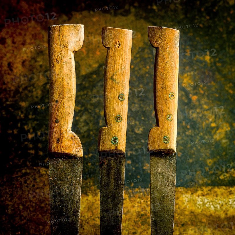 Three old, rusty kitchen knives with unevenly worn wooden handles rest against a textured backdrop. Their age and patina tell a story of many meals prepared over time