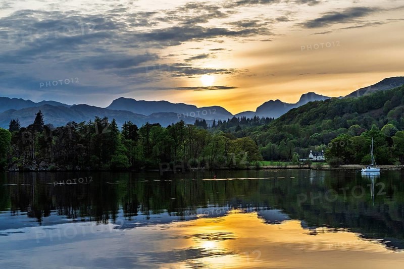 Sunset over Windermere Lake, Ambleside, Lake District, Cumbria, England, United Kingdom