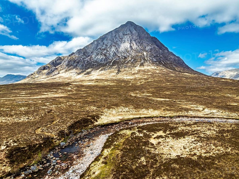 The Buachaille Mountain and Moors over Glen Etive Valley from a drone, Buachaille Etive Mòr, The Buachaille, Highlands, Scotland, United Kingdom