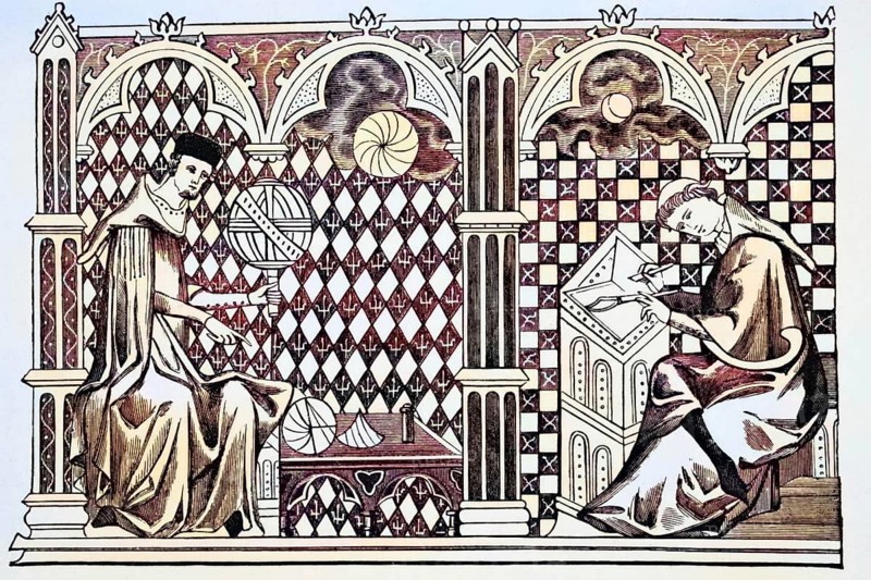 Mathematician monks, one teaching the globe, the other copying a manuscript after a miniature from the 13th century. Manuscript image of the world from science and literature in the Middle Ages by Paul Lacroix, published in London in 1878, digital reproduction of a historical model