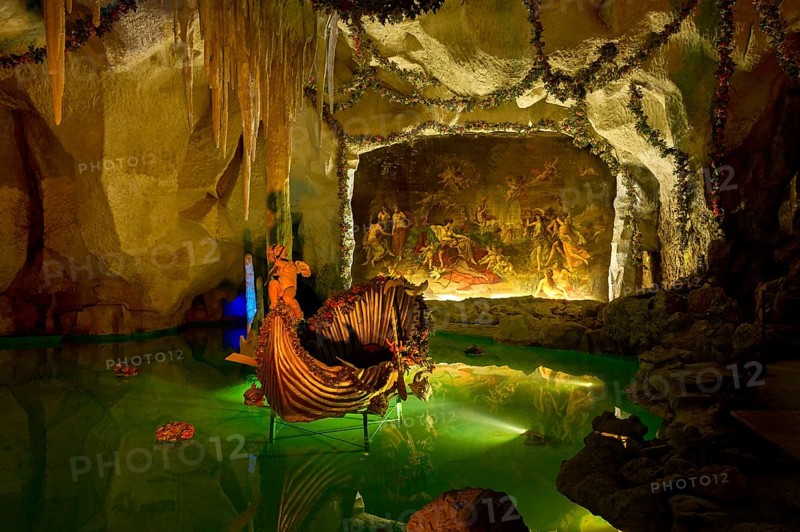 Venus Grotto by King Ludwig II, artificial stalactite cave, lake with boat, painting Tannhäuser bei Frau Venus by August von Heckel, park of Linderhof Castle, UNESCO World Heritage Site, Ettal, Unterammergau, Garmisch-Partenkirchen, Upper Bavaria, Bavaria, Germany
