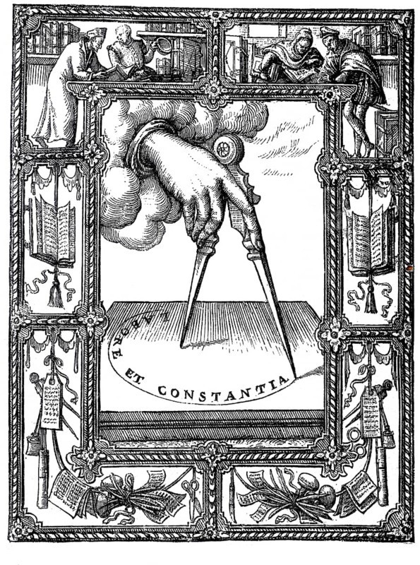 The printer's mark of Plantin, Christophe Plantin, Christoffel Plantijn, Christophorus Plantinus (c. 1520 - 1 July 1589), French-Flemish printer and publisher, Historical, digitally enhanced reproduction of a 19th century original