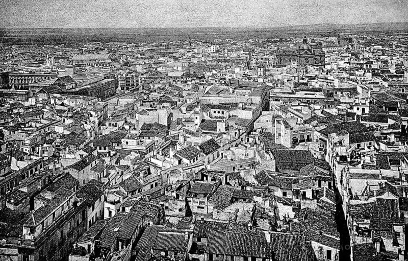 Ancient old town of Seville, monument protection, churches, tiled roofs, Andalusia, Spain, historical illustration 1896
