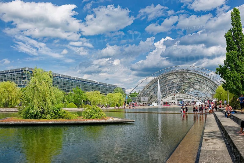 New Leipzig Trade Fair Centre, Leipzig Trade Fair, with glass entrance hall and water basin, trade fair complex, exhibition grounds, glass dome, event, trade, exhibition, Leipzig, Saxony, Germany