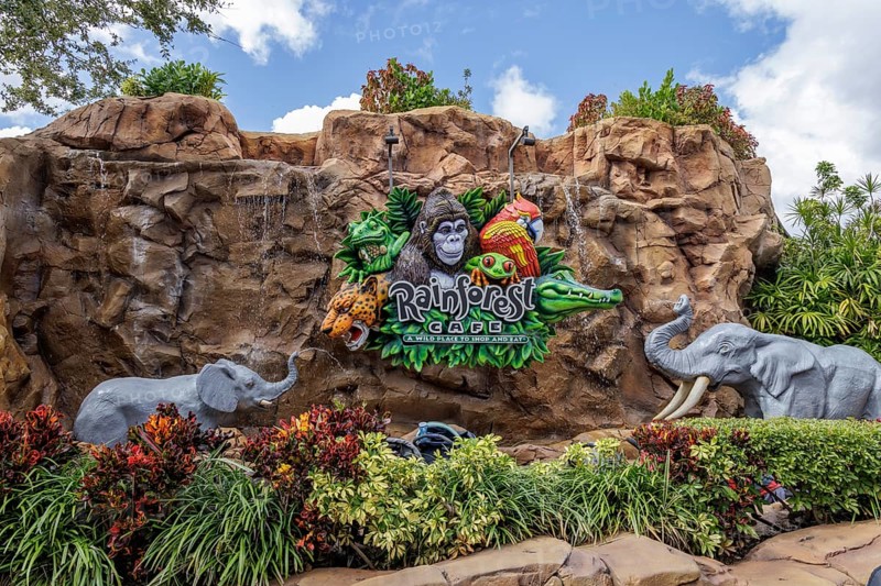 Sign for the Rainforest Cafe theme restaurant in Disney Springs at Disney World in Orlando, Florida, USA