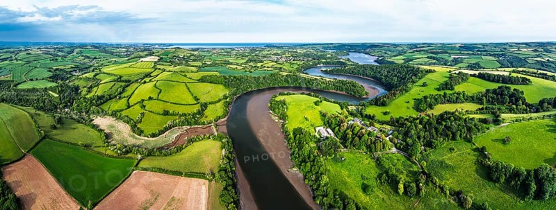 Panorama of Farms and Fields over River Dart from a drone, Stoke Gabriel, Totnes, Devon, England, United Kingdom