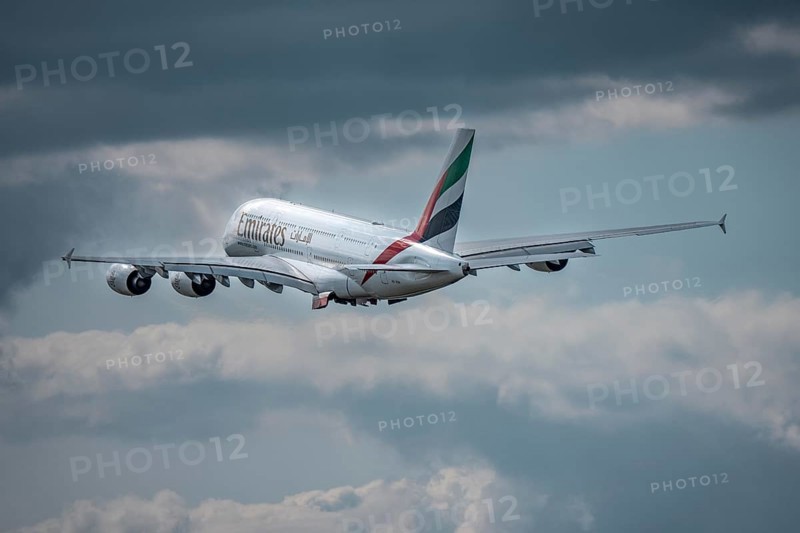 Emirates Airbus A380-800, on take-off, Düsseldorf Airport, North Rhine-Westphalia, Germany