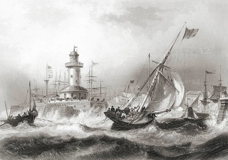 Lighthouse and Moote off Ramsgate, Kent, England in the 19th century. From the Cyclopaedia of Useful Arts and Manufactures by Charles Tomlinson, digital reproduction of a historical model