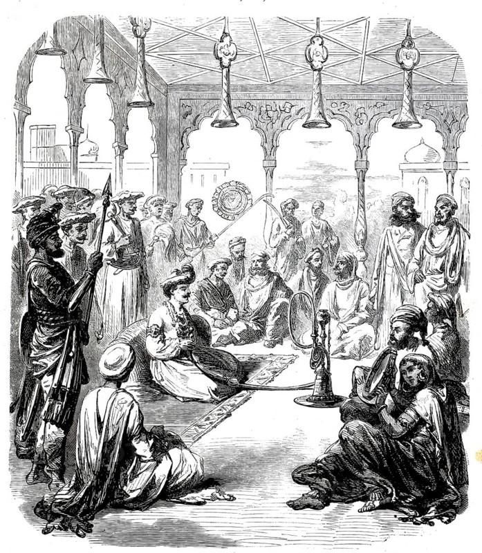 Nana Sahib, also Naina, Nena Sahib (born Dhondu Pant, 1824 to 1857), was a central figure of the Indian uprising of 1857, also called Sepoy Uprising, here with his court, digitally enhanced reproduction from a 19th century original, historical, exact date unknown
