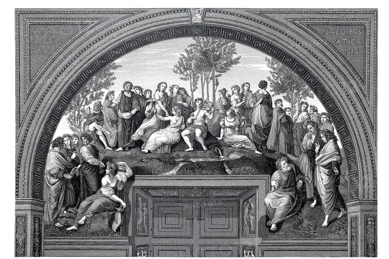 The Parnassus, a fresco painting by the Italian High Renaissance artist Raphael in the Raphael Rooms of the Vatican Palace in Rome, commissioned by Pope Julius II, steel engraving after the painting, historical, digitally restored reproduction of a 19th century original