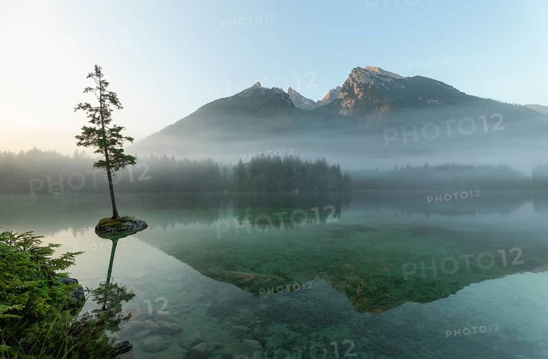 Magical sunrise with fog at Hintersee near Ramsau in Berchtesgadener Land